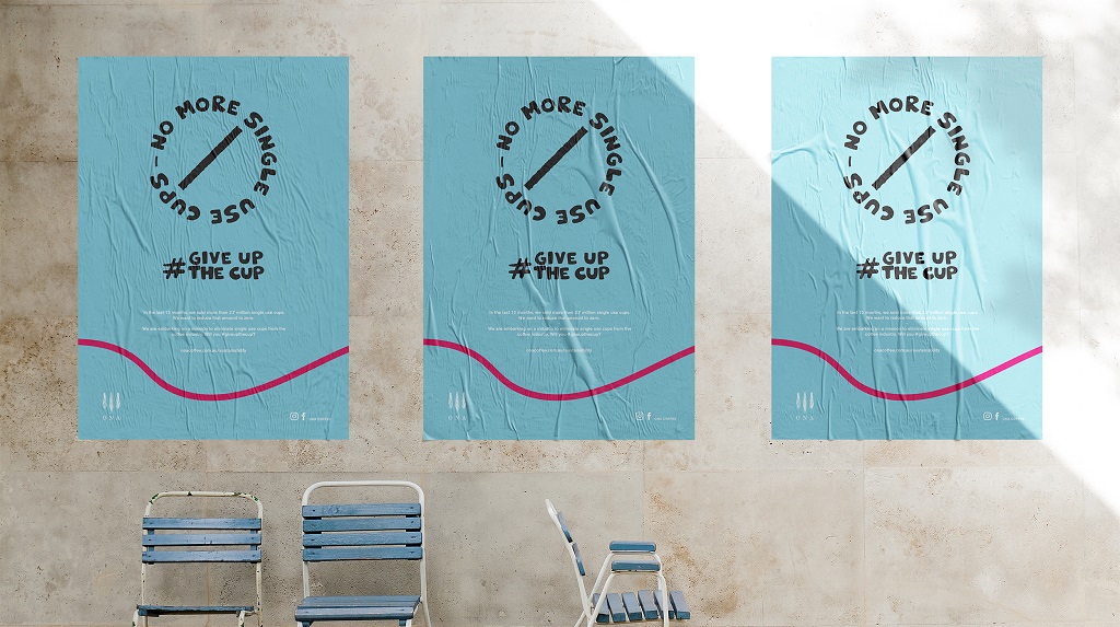 Posters for #giveupthecup on a wall