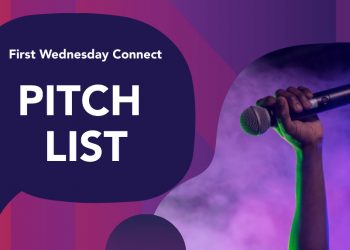 stock image of a person holding up a microphone with a speech bubble that reads First Wednesday Connect Pitch List