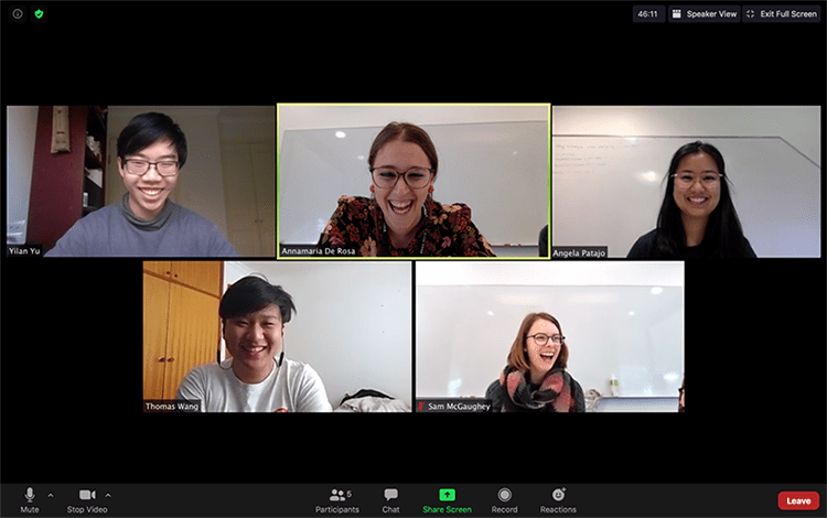 Screenshot from the 2020 Hackathon (pictured from left to right: student Yilan Yu, Dr Annamaria De Rosa, student Angela Patajo, student Thomas Wang and Dr Samantha McGaughey. Photo: CEAT.