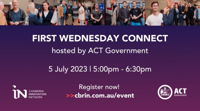 A strip of images of previous First Wednesday Connect event attendees lines the top of the image. The rest of the image holds text that says First Wednesday connect, hosted by ACT Government. 5 July 2023, 5pm - 6.30pm, register now. And the CBRIN and ACT Government logos at the bottom