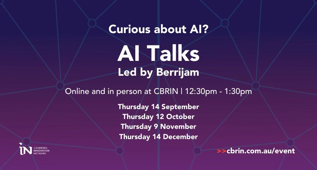 AI Talks event tile. Led by Berrijam. First Thursday of each month, online and in person. 12.30-1.30pm