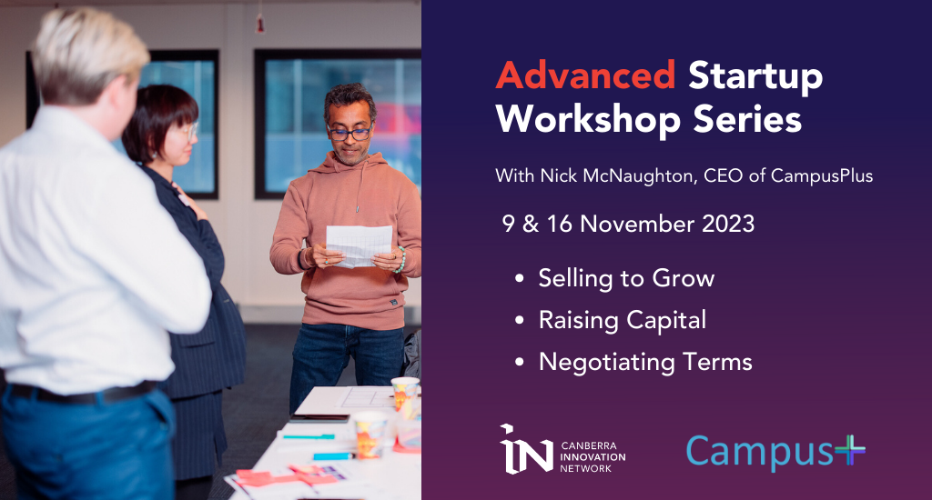 Event tile with an image of three participants, engaging with each other to read workshop notes. Right side of the tile has a dark purple background with red and white text that reads: Advanced Startup Workshop Series with Nick McNaughton, CEO of Campus Plus. 9 & 16 November 2023. Selling to grow, Raising capital and negotiating terms. At the bottom of the tile is the CBRIN logo in white and the Campus+ logo in Blue